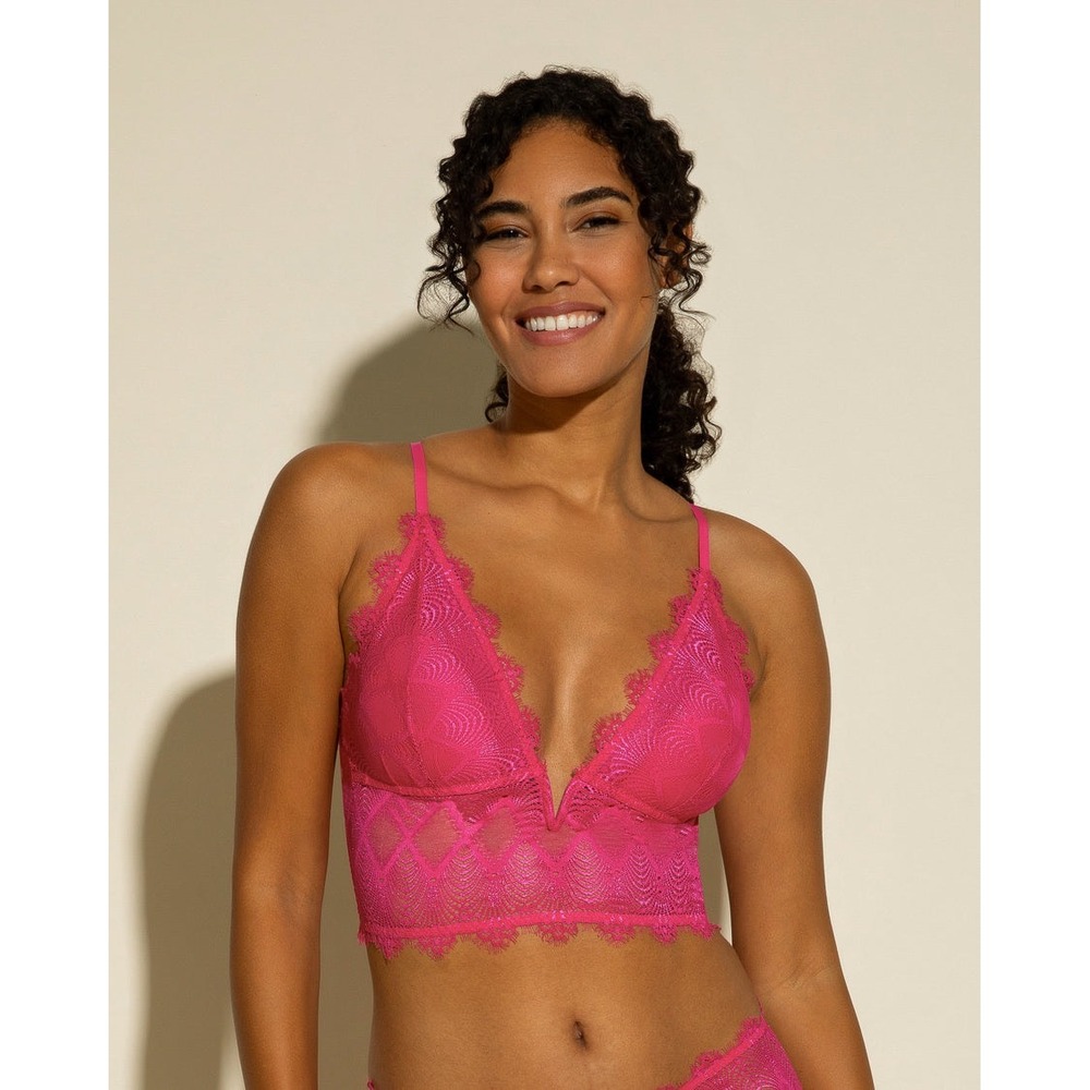 Cosabella Hot Pink Floral Eyelash Lace Longline Bralette V-Notch Fuchsia‎ Top S